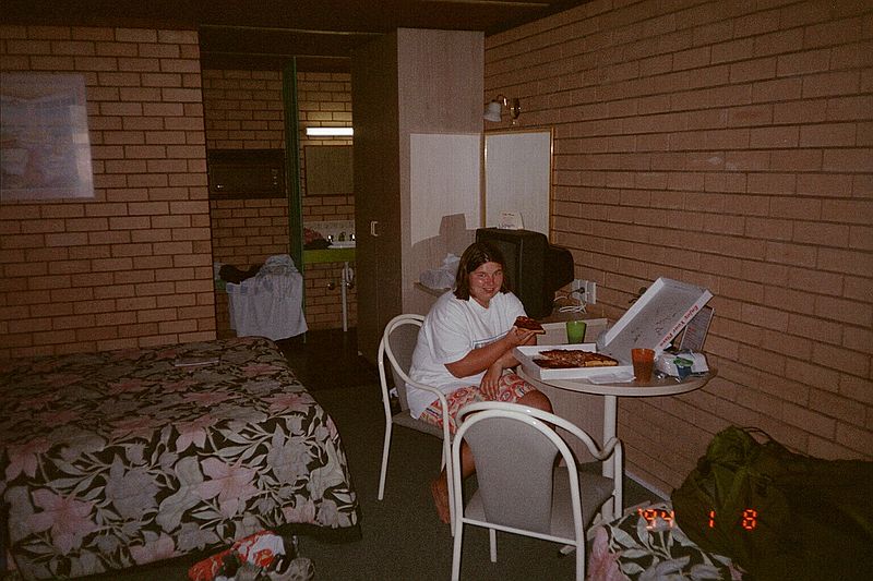 New South Wales    -    Tirsdag d. 13 februar\n\nHer boede vi p Cameo Inn - et dejligt lille motel i den varme by West Wyalong. Her spiste vi pizza fra den "lokale"